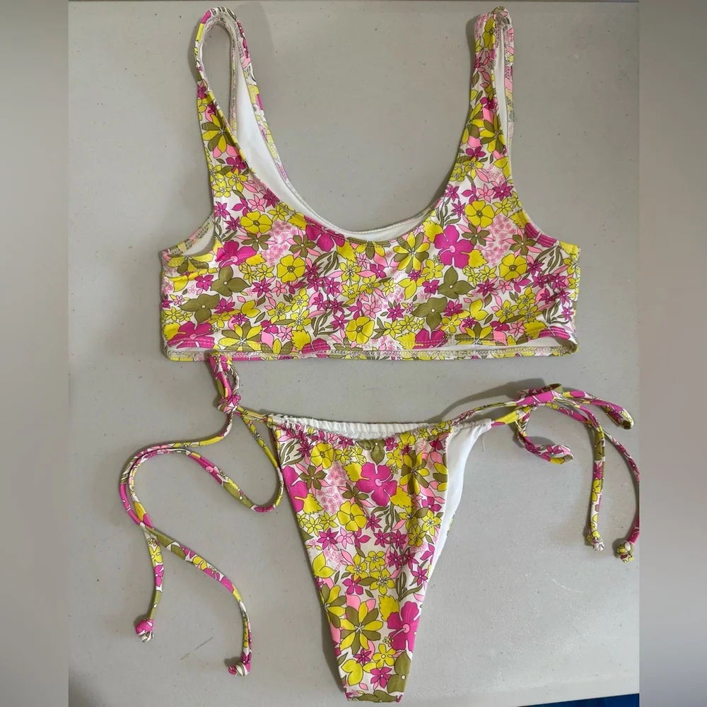 Frankie's Bikinis Yellow Pink Floral Tie-Side Bikini
